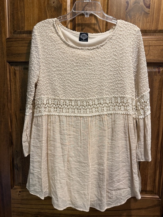 Calstyle Tops - Crochet Yoke Scoop-Neck Tunic in Cream